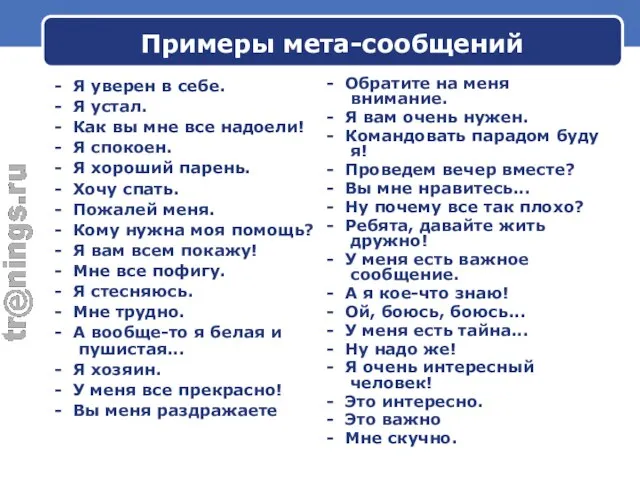 Примеры мета-сообщений - Я уверен в себе. - Я устал. - Как