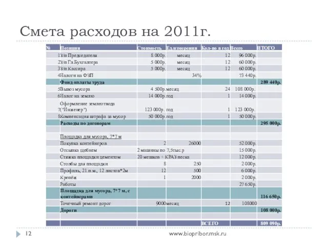 Смета расходов на 2011г. www.biopribor.msk.ru