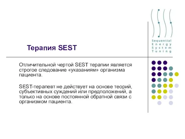 Терапия SEST Отличительной чертой SEST терапии является строгое следование «указаниям» организма пациента.