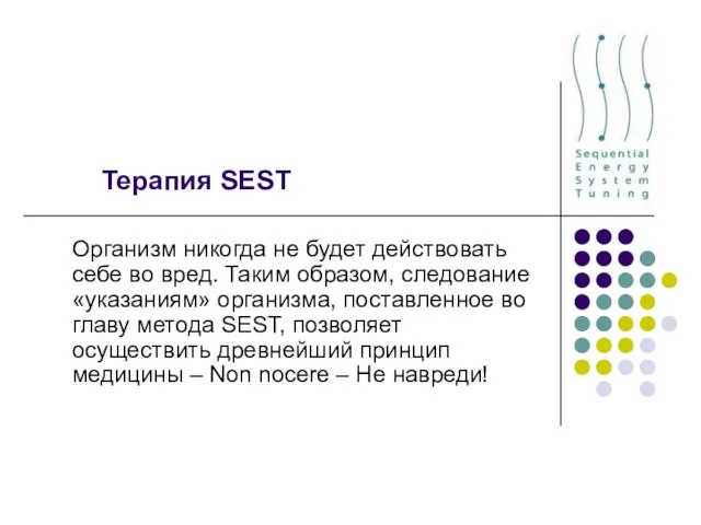 Терапия SEST Организм никогда не будет действовать себе во вред. Таким образом,