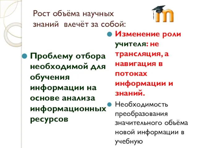 Рост объёма научных знаний влечёт за собой: Проблему отбора необходимой для обучения