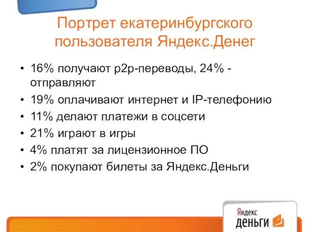 Портрет екатеринбургского пользователя Яндекс.Денег 16% получают p2p-переводы, 24% - отправляют 19% оплачивают