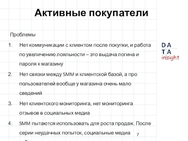 Активные покупатели Проблемы Нет коммуникации с клиентом после покупки, и работа по