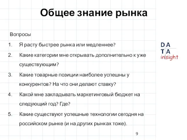 Общее знание рынка Вопросы Я расту быстрее рынка или медленнее? Какие категории