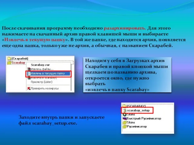 Находим у себя в Загрузках архив Скарабея и правой кнопкой мыши щелкаем