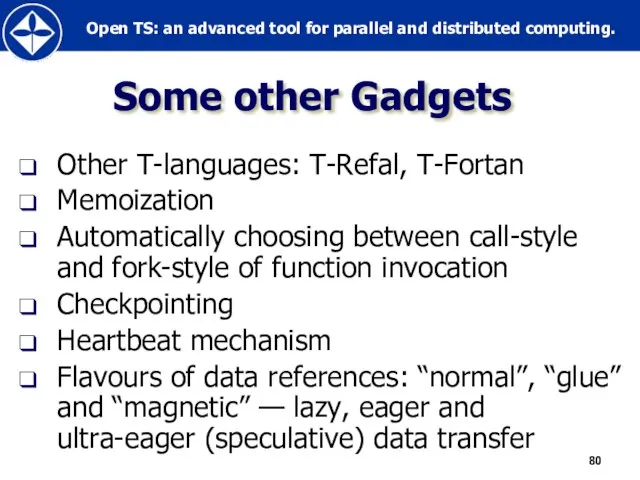 Some other Gadgets Other T-languages: T-Refal, T-Fortan Memoization Automatically choosing between call-style