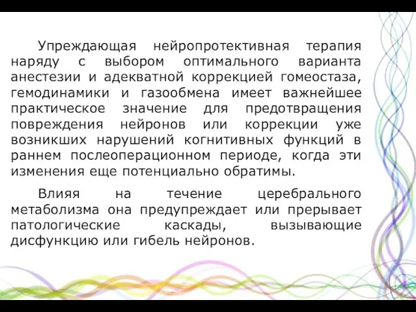 Упреждающая нейропротективная терапия наряду с выбором оптимального варианта анестезии и адекватной коррекцией