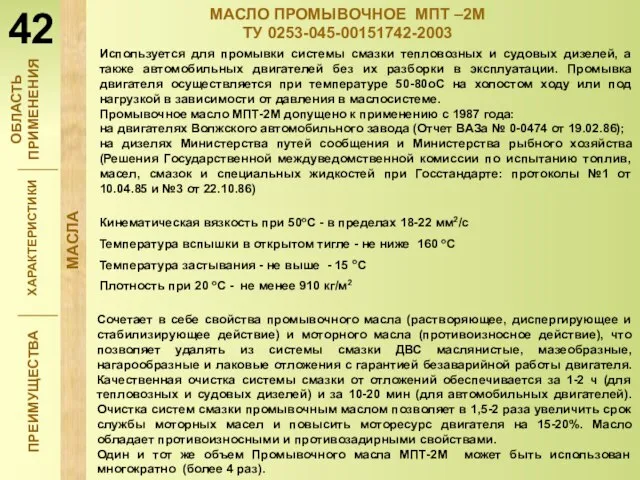 ХАРАКТЕРИСТИКИ ПРЕИМУЩЕСТВА МАСЛО ПРОМЫВОЧНОЕ МПТ –2М ТУ 0253-045-00151742-2003 Кинематическая вязкость при 50оС