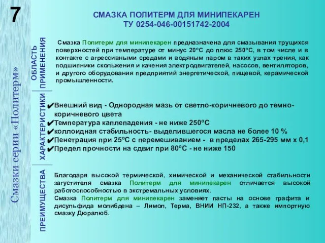 СМАЗКА ПОЛИТЕРМ ДЛЯ МИНИПЕКАРЕН ТУ 0254-046-00151742-2004 Смазка Политерм для минипекарен предназначена для