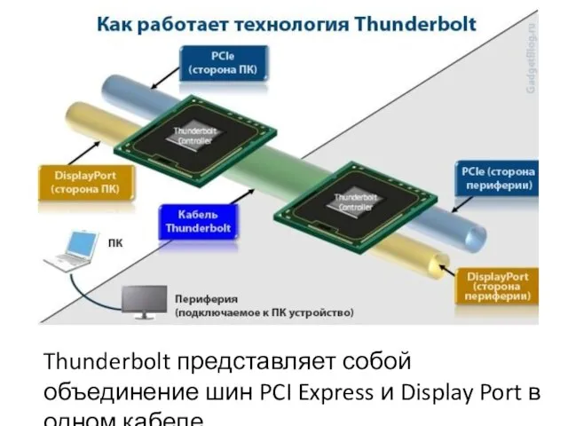 Thunderbolt представляет собой объединение шин PCI Express и Display Port в одном кабеле.