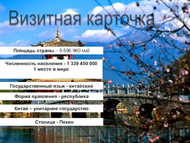 Визитная карточка Площадь страны – 9 596 960 км2 Численность населения -