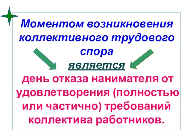 Моментом возникновения коллективного трудового спора является день отказа нанимателя от удовлетворения (полностью