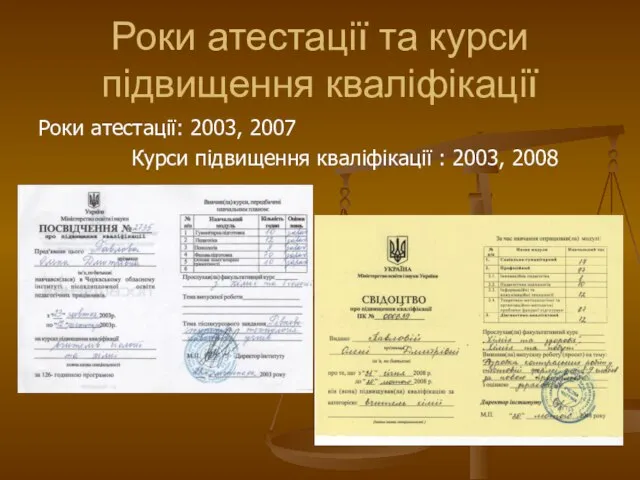 Роки атестації та курси підвищення кваліфікації Роки атестації: 2003, 2007 Курси підвищення кваліфікації : 2003, 2008