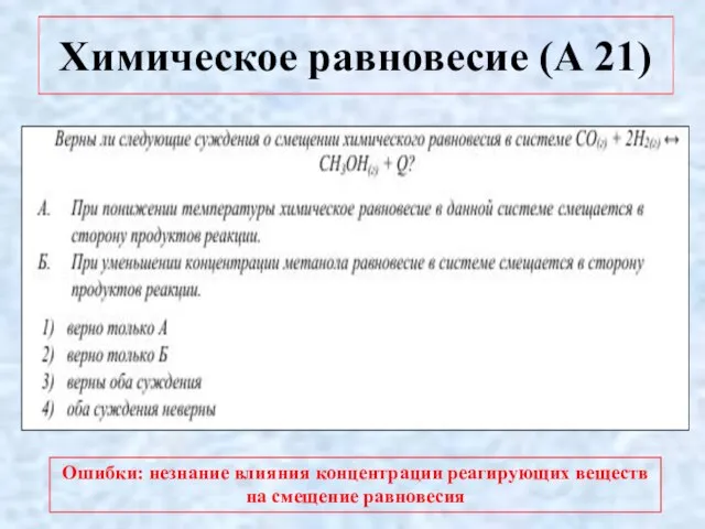 Химическое равновесие (А 21) Ошибки: незнание влияния концентрации реагирующих веществ на смещение равновесия