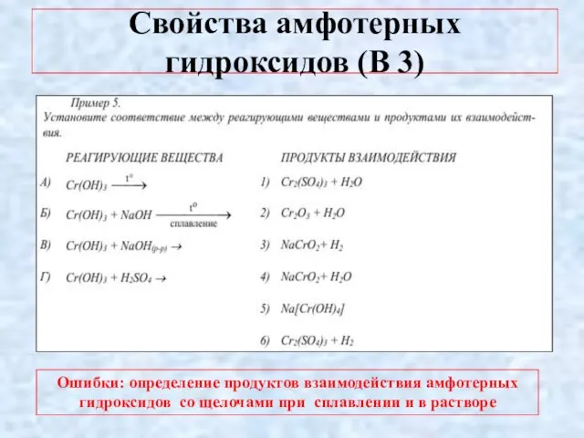 Свойства амфотерных гидроксидов (В 3) Ошибки: определение продуктов взаимодействия амфотерных гидроксидов со