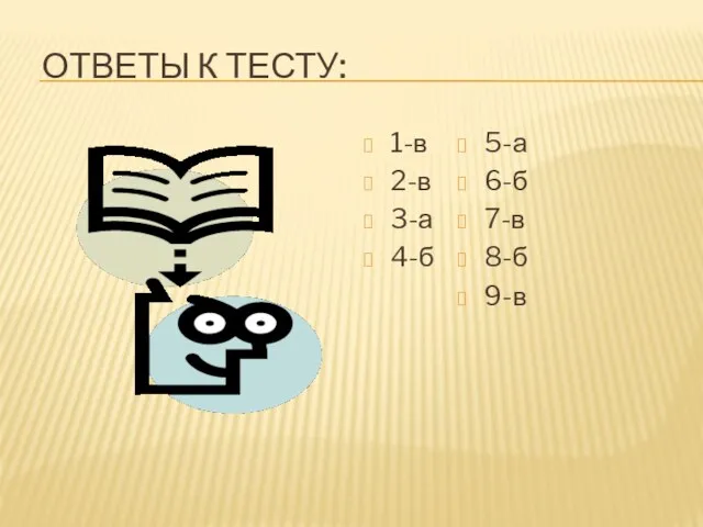 ОТВЕТЫ К ТЕСТУ: 1-в 2-в 3-а 4-б 5-а 6-б 7-в 8-б 9-в