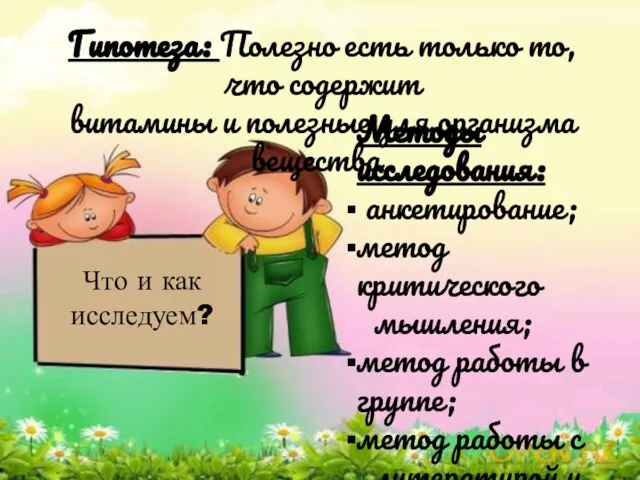 Что и как исследуем? Гипотеза: Полезно есть только то, что содержит витамины