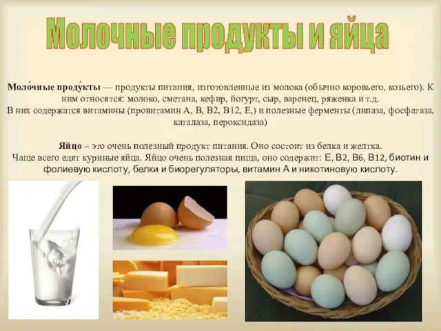 Молочные продукты и яйца Моло́чные проду́кты — продукты питания, изготовленные из молока