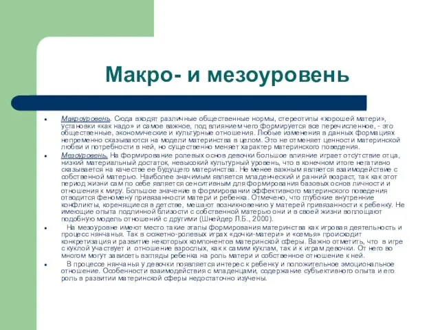 Макро- и мезоуровень Макроуровень. Сюда входят различные общественные нормы, стереотипы «хорошей матери»,