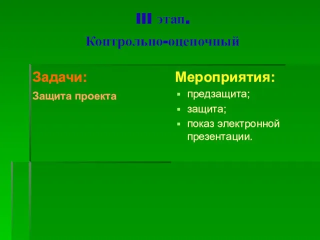 III этап. Контрольно-оценочный Задачи: Защита проекта Мероприятия: предзащита; защита; показ электронной презентации.