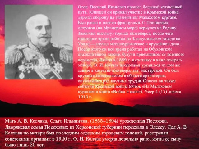 Мать А. В. Колчака, Ольга Ильинична, (1855–1894) урожденная Посохова. Дворянская семья Посоховых