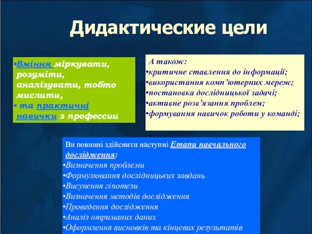 Дидактические цели А також: критичне ставлення до інформації; використання комп’ютерних мереж; постановка