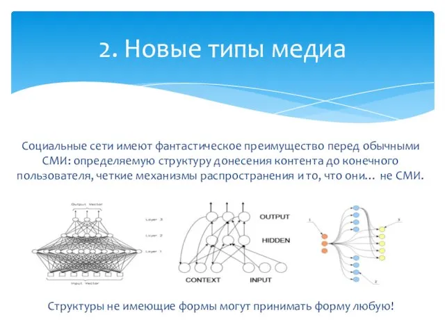 2. Новые типы медиа Социальные сети имеют фантастическое преимущество перед обычными СМИ: