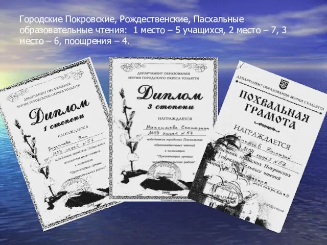 Городские Покровские, Рождественские, Пасхальные образовательные чтения: 1 место – 5 учащихся, 2