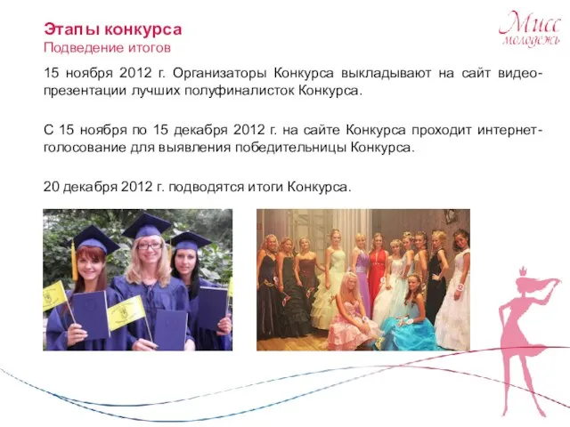 15 ноября 2012 г. Организаторы Конкурса выкладывают на сайт видео-презентации лучших полуфиналисток