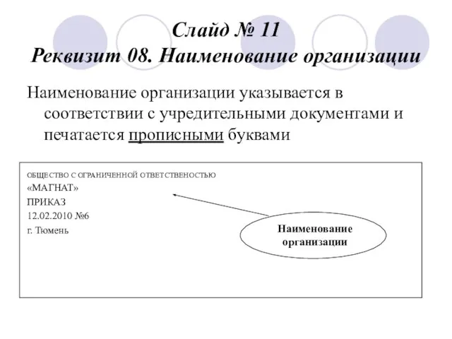 Слайд № 11 Реквизит 08. Наименование организации Наименование организации указывается в соответствии