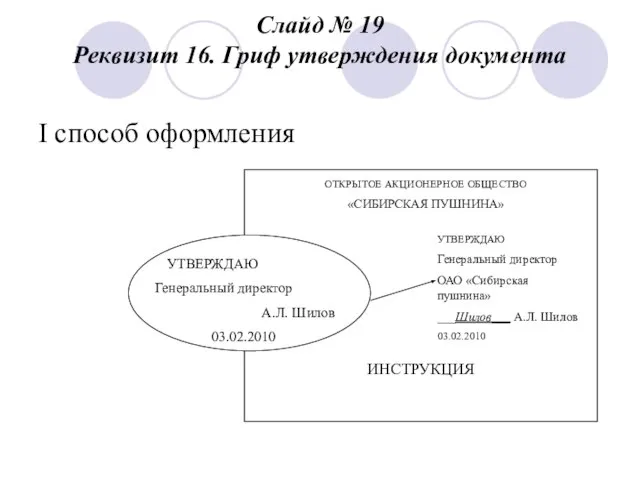 Слайд № 19 Реквизит 16. Гриф утверждения документа I способ оформления ОТКРЫТОЕ