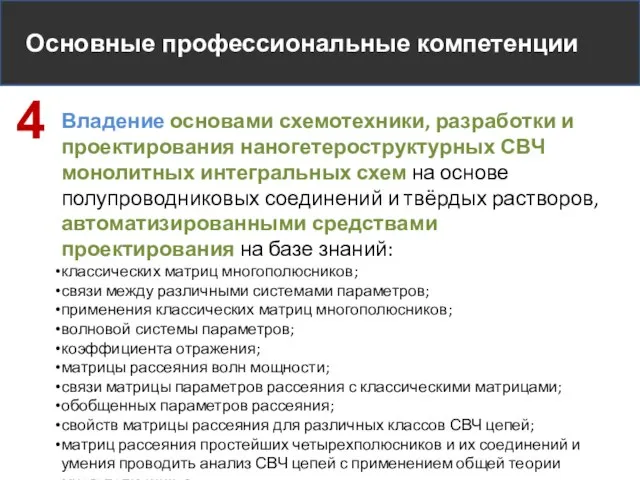 Основные профессиональные компетенции Владение основами схемотехники, разработки и проектирования наногетероструктурных СВЧ монолитных