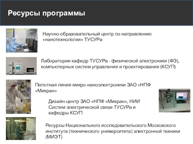 Ресурсы программы Научно-образовательный центр по направлению «нанотехнологии» ТУСУРа Лаборатории кафедр ТУСУРа -