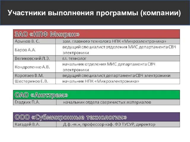 Участники выполнения программы (компании)