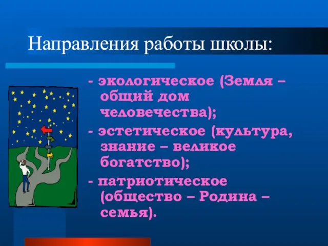 Направления работы школы: - экологическое (Земля – общий дом человечества); - эстетическое