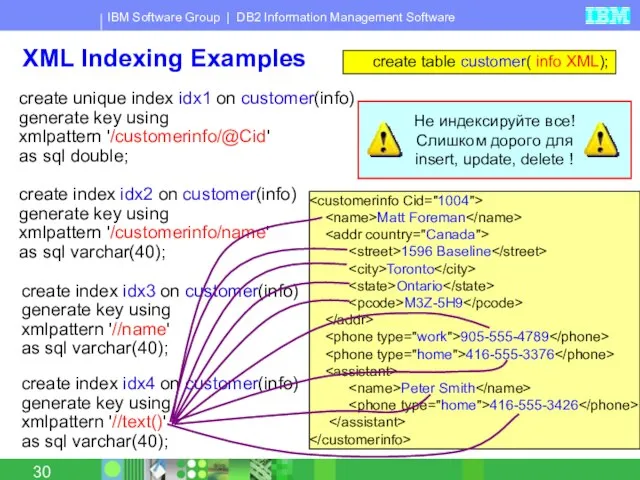 XML Indexing Examples create unique index idx1 on customer(info) generate key using