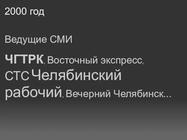 2000 год Ведущие СМИ ЧГТРК, Восточный экспресс, СТС Челябинский рабочий, Вечерний Челябинск...