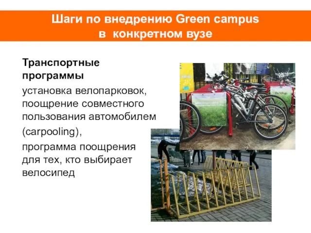 Шаги по внедрению Green campus в конкретном вузе Транспортные программы установка велопарковок,