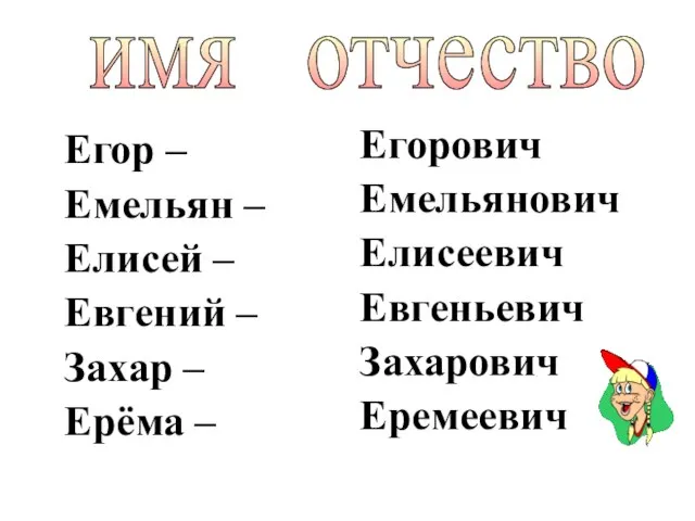 Егор – Емельян – Елисей – Евгений – Захар – Ерёма –