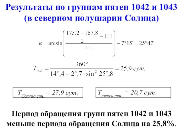 ТСолнца син. = 27,9 сут. Результаты по группам пятен 1042 и 1043