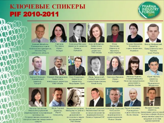 КЛЮЧЕВЫЕ СПИКЕРЫ PIF 2010-2011 Алексей Михайлов, Руководитель отдела госпитальных препаратов, Janssen-Cilag (Johnson