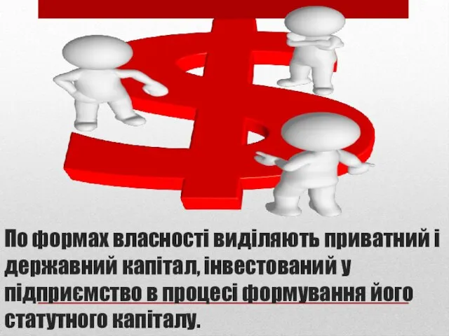 По формах власності виділяють приватний і державний капітал, інвестований у підприємство в