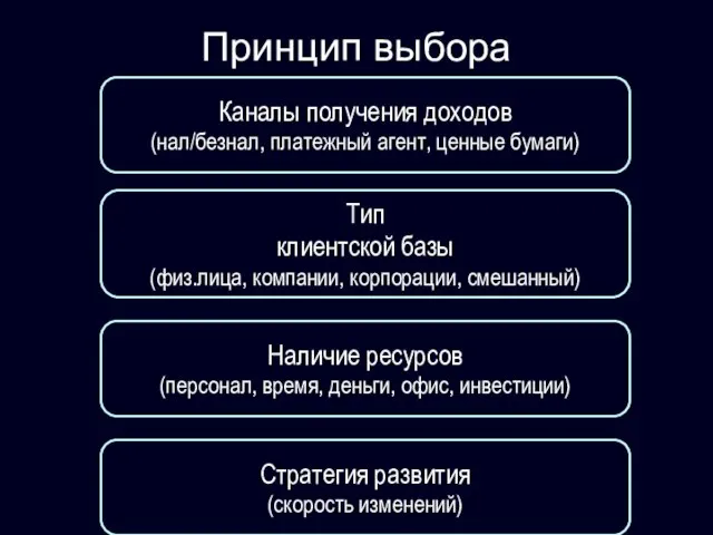 Принцип выбора Тип клиентской базы (физ.лица, компании, корпорации, смешанный) Каналы получения доходов