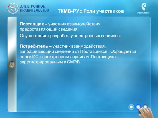 ТКМВ-РУ :: Роли участников Поставщик – участник взаимодействия, предоставляющий сведения. Осуществляет разработку