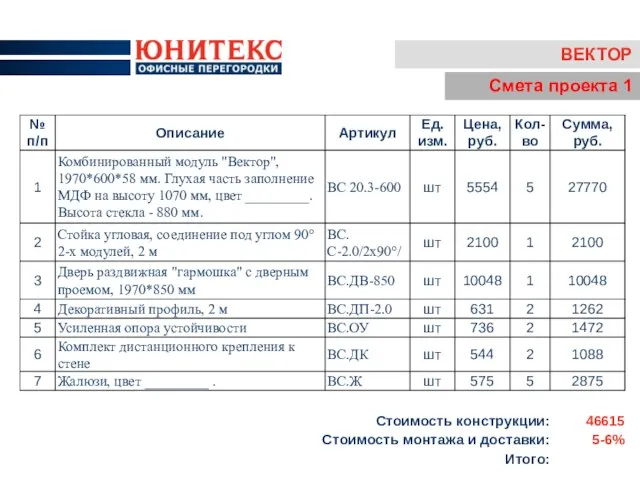 ВЕКТОР Смета проекта 1