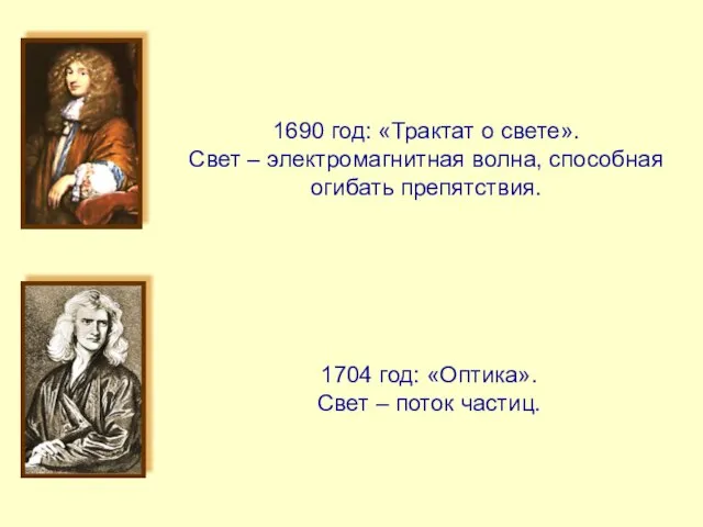 1690 год: «Трактат о свете». Свет – электромагнитная волна, способная огибать препятствия.