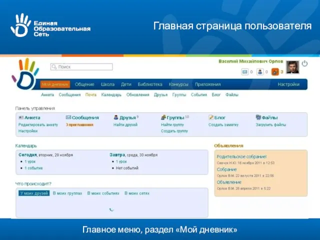 Главное меню, раздел «Мой дневник» Главная страница пользователя