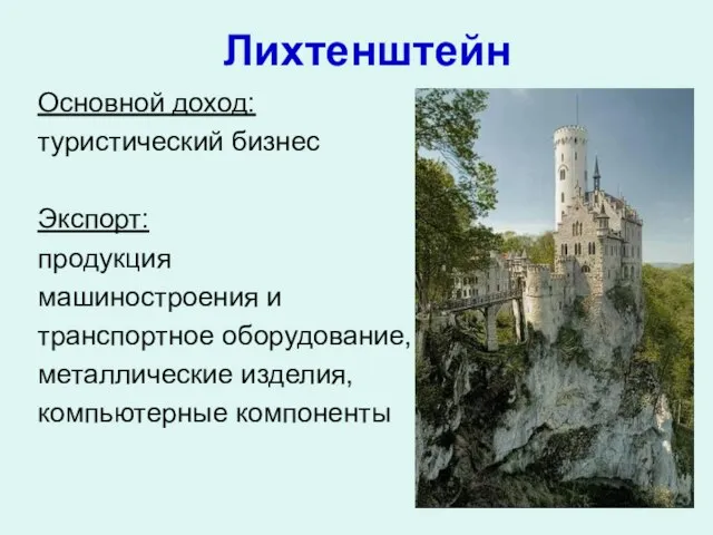 Лихтенштейн Основной доход: туристический бизнес Экспорт: продукция машиностроения и транспортное оборудование, металлические изделия, компьютерные компоненты