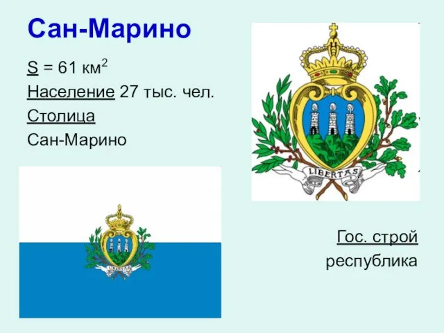 Сан-Марино S = 61 км2 Население 27 тыс. чел. Столица Сан-Марино Гос. строй республика