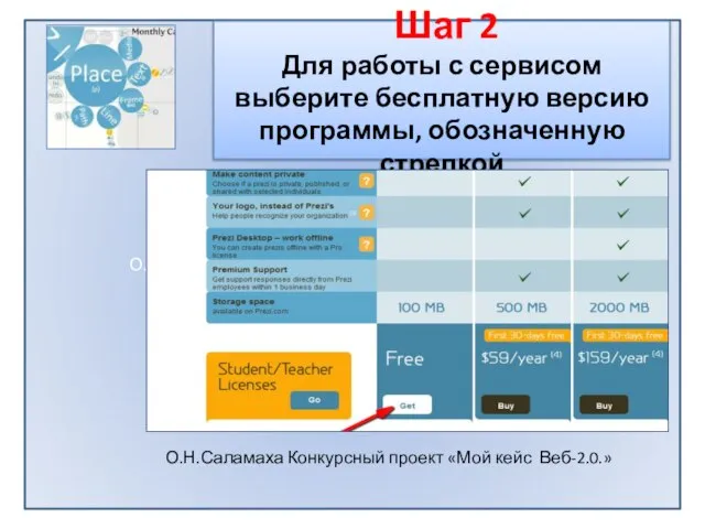 О.Н.Саламаха Конкурсный проект «Мой кейс Веб-2.0.» Шаг 2 Для работы с сервисом